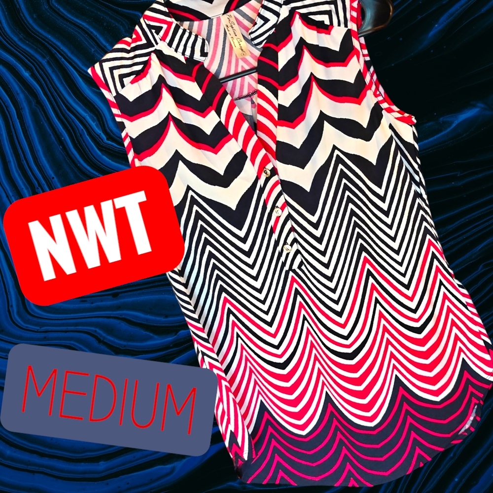 NWT Size Medium Chic Chevron Sleeveless Blouse - Black, White, Pink